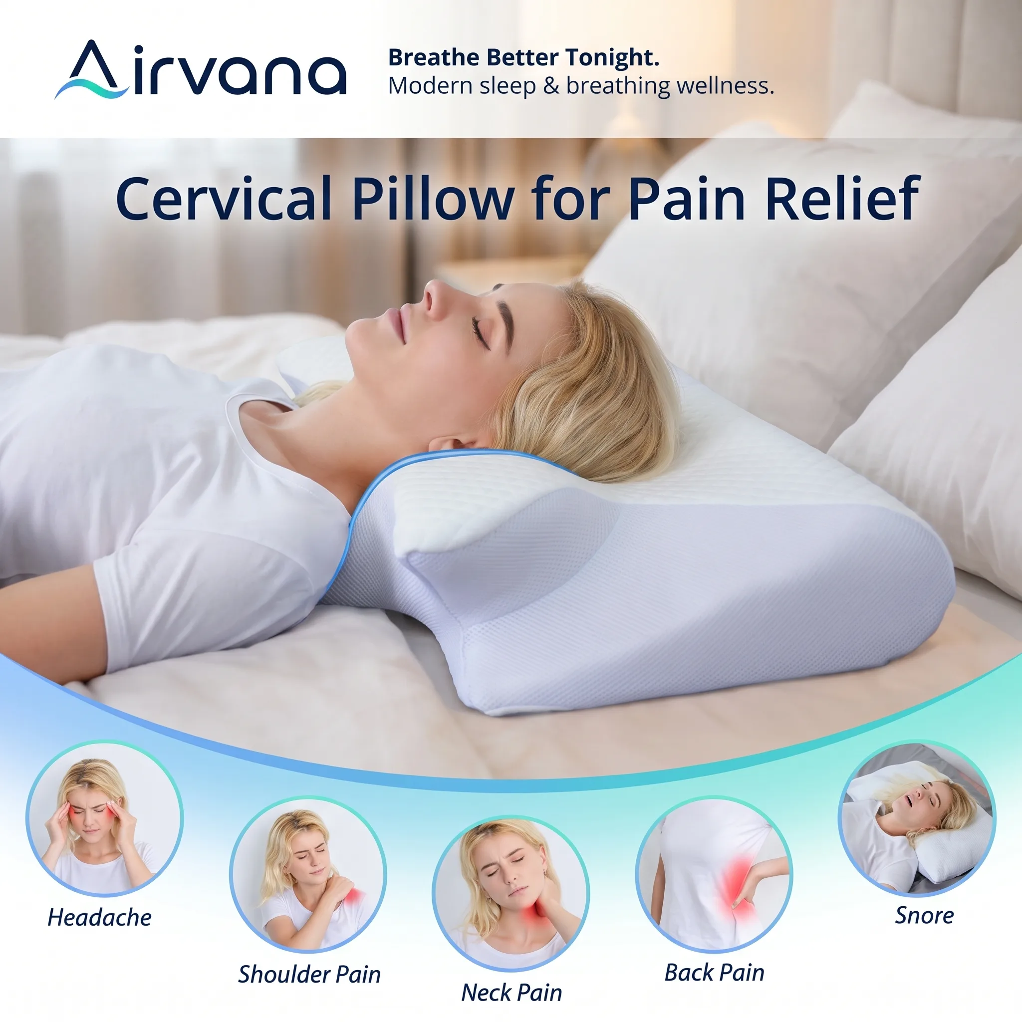 Airvana Sleep Pillow cervical support — relieves headache, shoulder, neck, and back pain, reduces snoring
