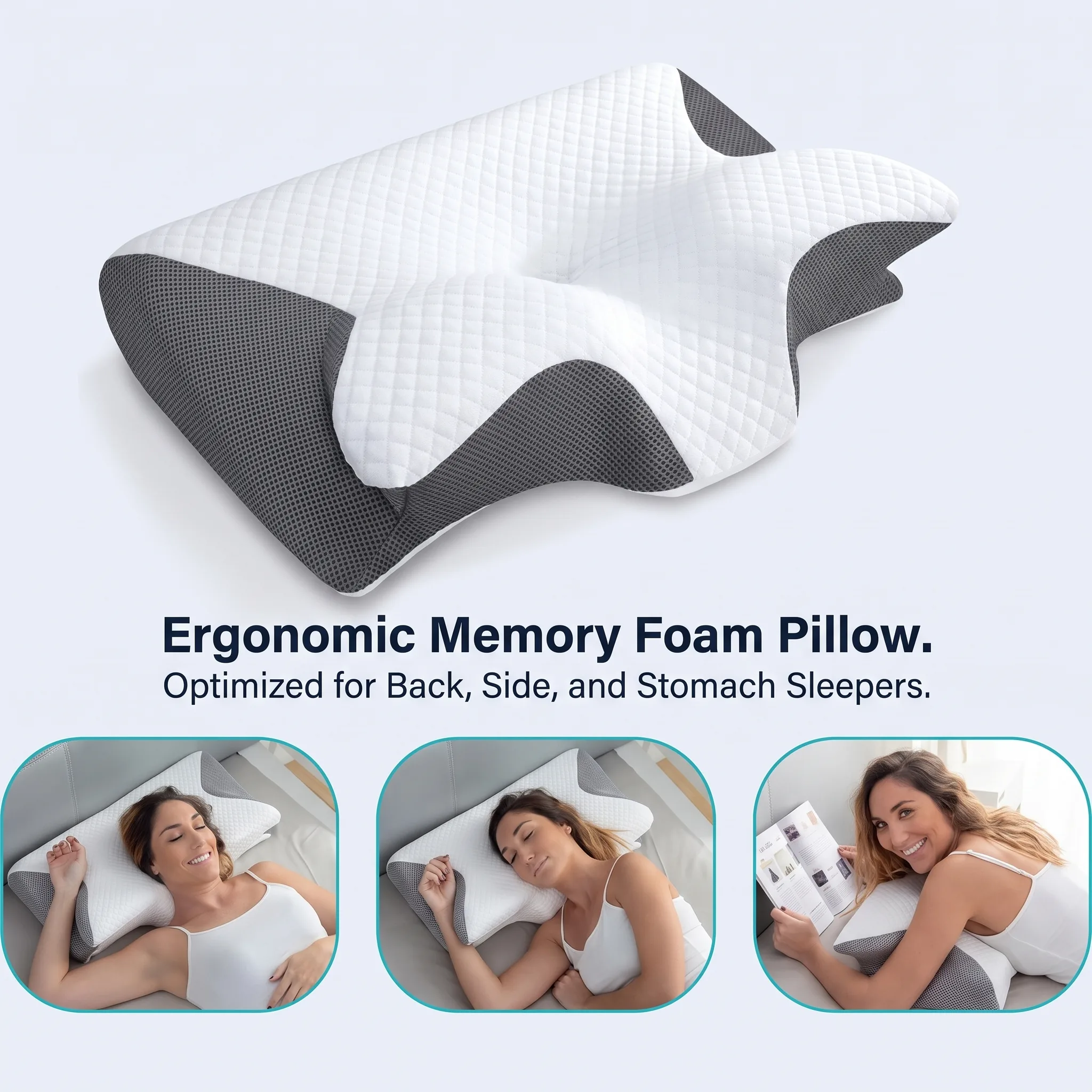 Woman sleeping on the Airvana Sleep Pillow in back, side, and stomach positions