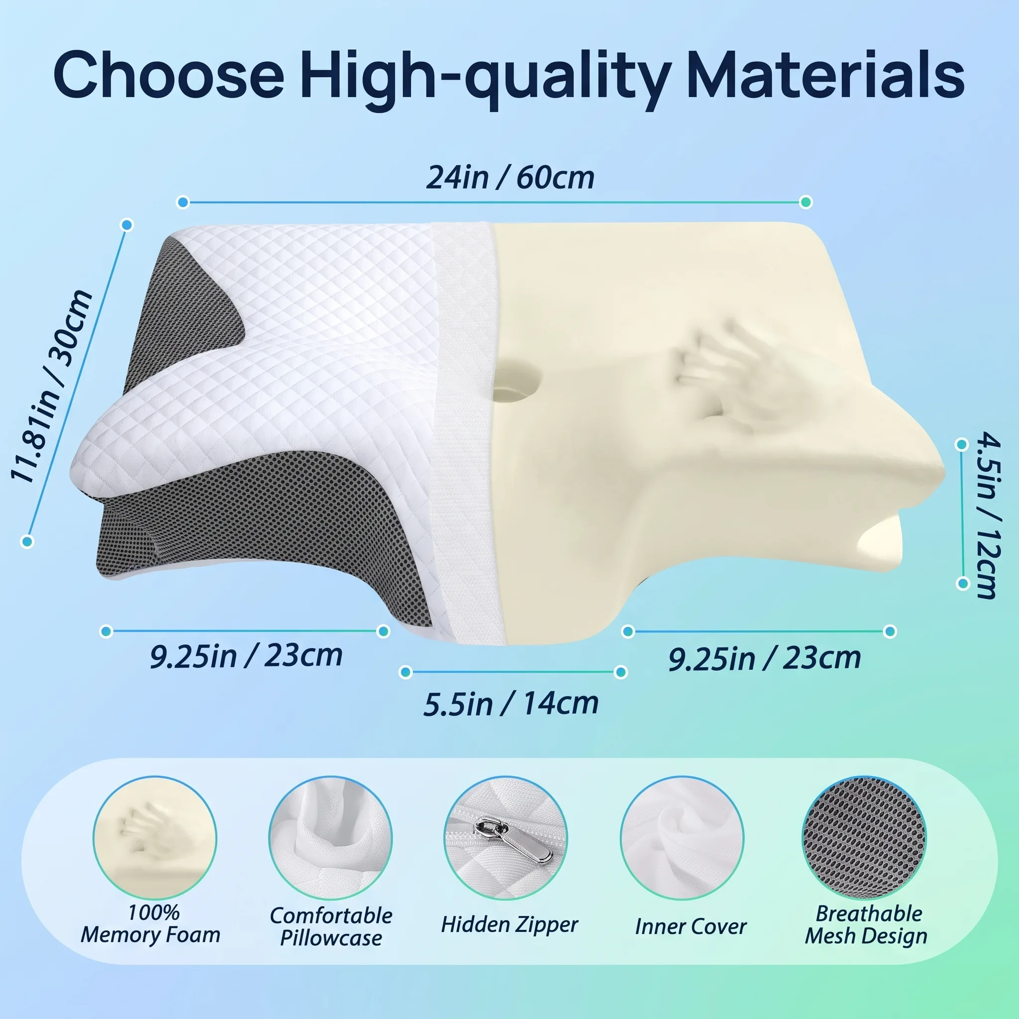 Airvana Sleep Pillow materials and dimensions — memory foam, breathable mesh, hidden zipper, removable cover